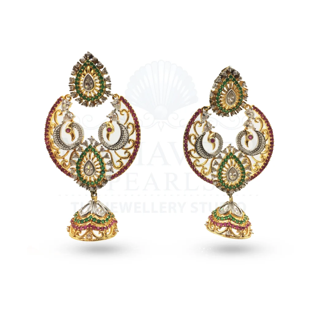 Cz Chandbali Jhumka With Ruby And Emerald Stone Silver Design